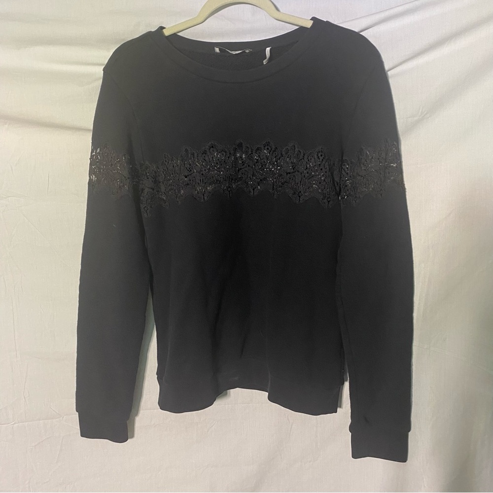 Sandro black sweatshirt with sophisticated lace detail across chest Sz‎ S / M